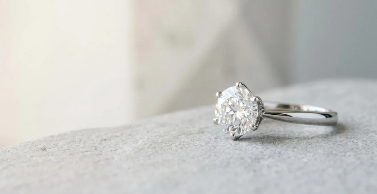 Solitaire diamant rond brillant sur fond épuré illustrant le dilemme entre taille et qualeur pour un achat stratégique