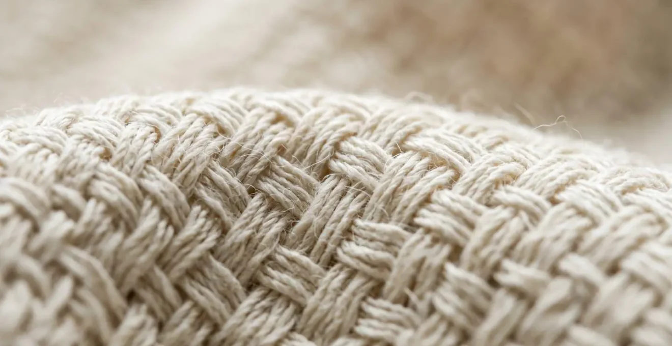 Vue macro d'un tissu en coton révélant la structure complexe des fibres naturelles et leur texture caractéristique
