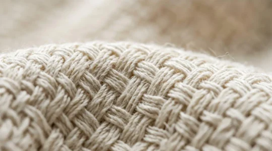 Vue macro d'un tissu en coton révélant la structure complexe des fibres naturelles et leur texture caractéristique